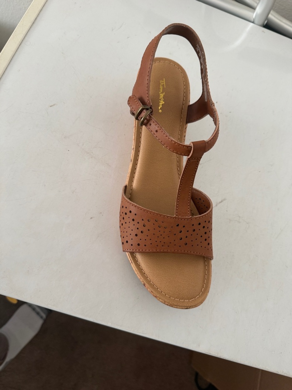 Thom McAn Tan Perforated T-Strap Slingback Sandal